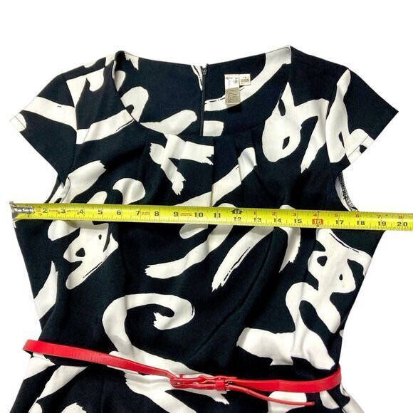 Emma & Michele Midi Dress Women 14 Black White Printed Belted 70s Classy Elegant - Picture 8 of 16